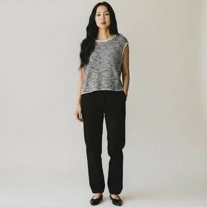 Eileen Fisher Womens Gray & White‎ Open Knit Sleeveless Tunic Top Sz XS